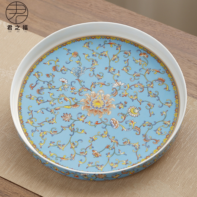 Tavă ceramică pentru ceai, emailată, rotundă, stil retro chinezesc, pentru set de ceai și masă de ceai
