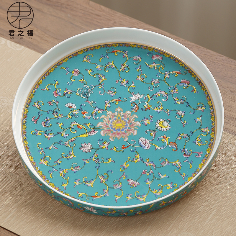 Tavă ceramică pentru ceai, emailată, rotundă, stil retro chinezesc, pentru set de ceai și masă de ceai