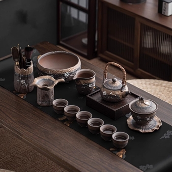 Set ceai Kung Fu ceramic, stil retro, pentru uz casnic, cu bol acoperit și ceainic cu mâner, pentru 6 persoane, potrivit pentru oaspeți și birou