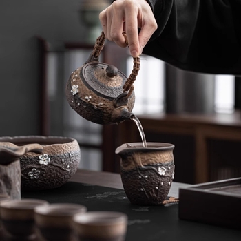 Set ceai Kung Fu ceramic, stil retro, pentru uz casnic, cu bol acoperit și ceainic cu mâner, pentru 6 persoane, potrivit pentru oaspeți și birou