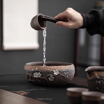 Set ceai Kung Fu ceramic, stil retro, pentru uz casnic, cu bol acoperit și ceainic cu mâner, pentru 6 persoane, potrivit pentru oaspeți și birou