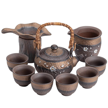 Set ceai Kung Fu ceramic, stil retro, pentru uz casnic, cu bol acoperit și ceainic cu mâner, pentru 6 persoane, potrivit pentru oaspeți și birou