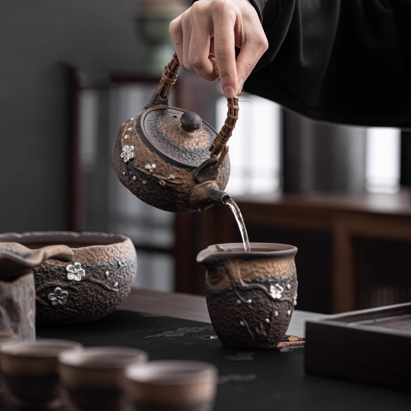 Set ceai Kung Fu ceramic, stil retro, pentru uz casnic, cu bol acoperit și ceainic cu mâner, pentru 6 persoane, potrivit pentru oaspeți și birou