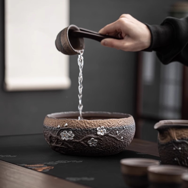 Set ceai Kung Fu ceramic, stil retro, pentru uz casnic, cu bol acoperit și ceainic cu mâner, pentru 6 persoane, potrivit pentru oaspeți și birou