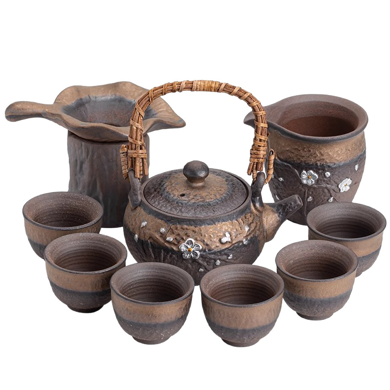 Set ceai Kung Fu ceramic, stil retro, pentru uz casnic, cu bol acoperit și ceainic cu mâner, pentru 6 persoane, potrivit pentru oaspeți și birou