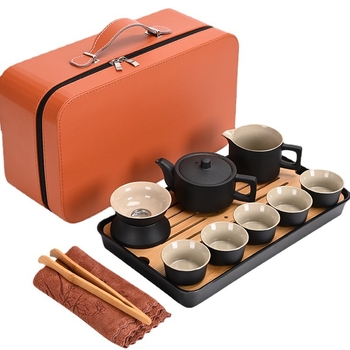 Set Gongfu de ceai portabil, stil japonez, ceramică neagră, design minimalist pentru uz casnic și în aer liber, set mare cadou
