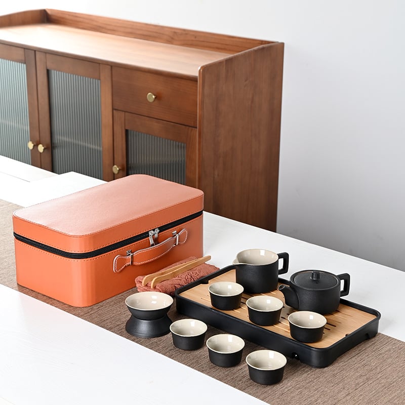 Set Gongfu de ceai portabil, stil japonez, ceramică neagră, design minimalist pentru uz casnic și în aer liber, set mare cadou