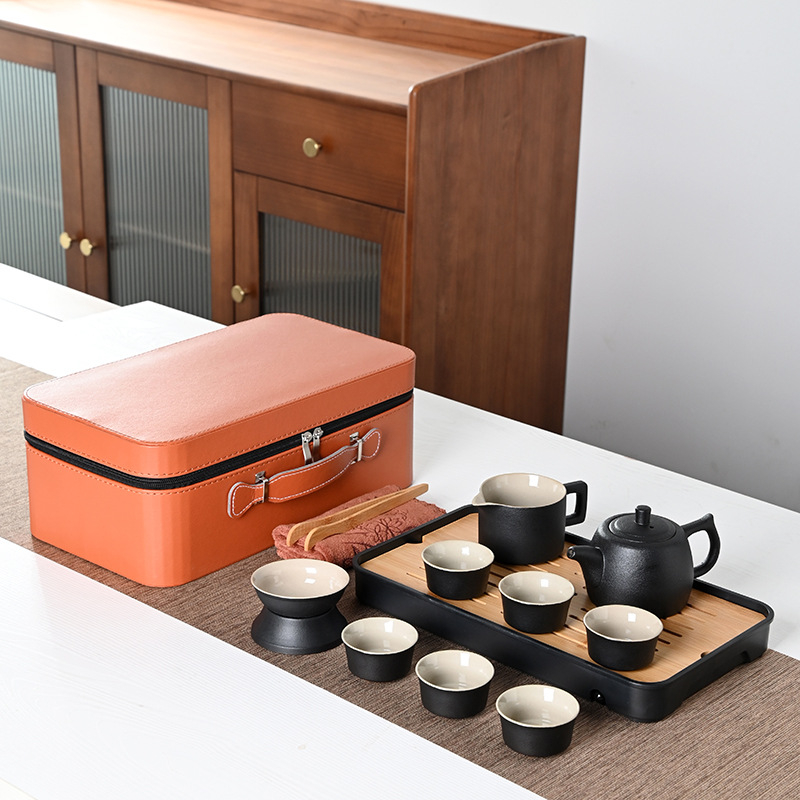Set Gongfu de ceai portabil, stil japonez, ceramică neagră, design minimalist pentru uz casnic și în aer liber, set mare cadou