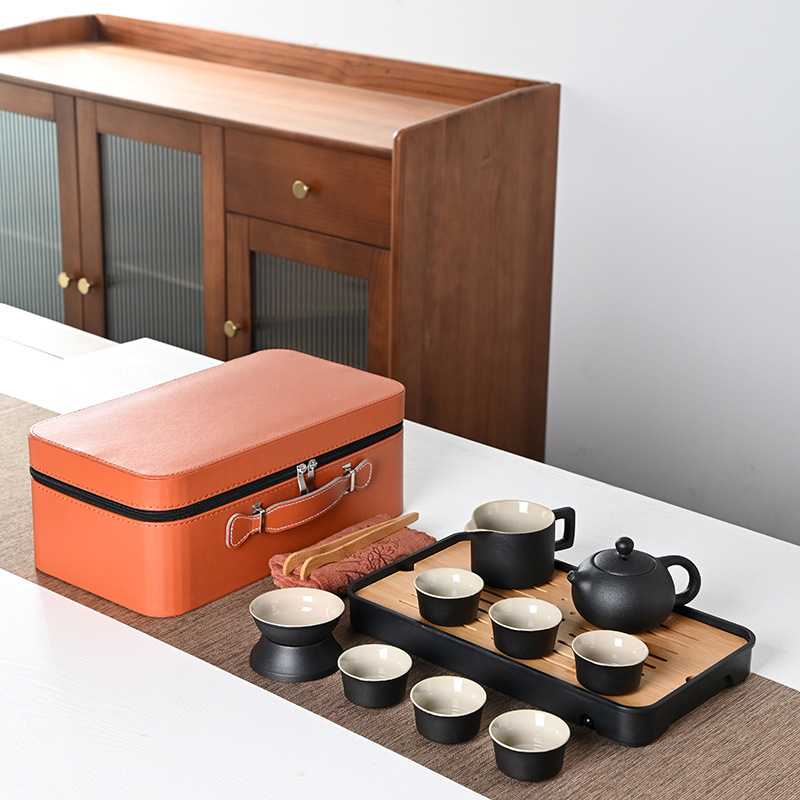 Set Gongfu de ceai portabil, stil japonez, ceramică neagră, design minimalist pentru uz casnic și în aer liber, set mare cadou