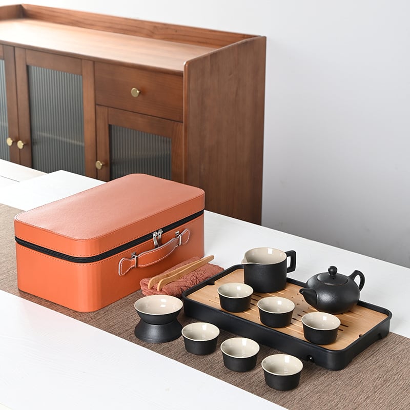 Set Gongfu de ceai portabil, stil japonez, ceramică neagră, design minimalist pentru uz casnic și în aer liber, set mare cadou