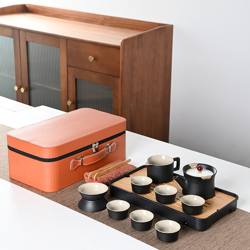 Set Gongfu de ceai portabil, stil japonez, ceramică neagră, design minimalist pentru uz casnic și în aer liber, set mare cadou