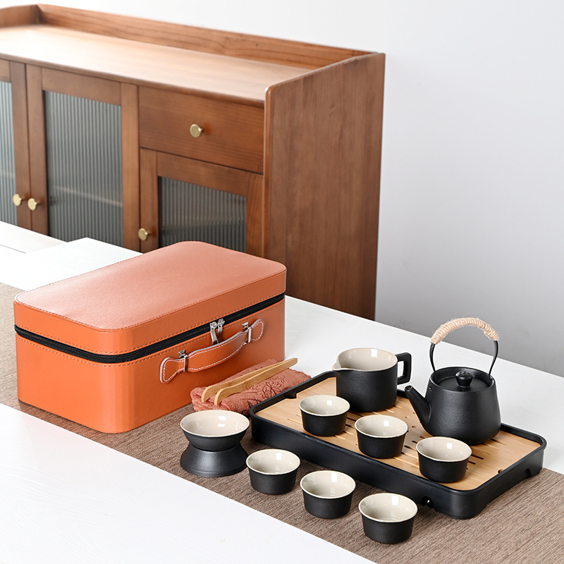 Set Gongfu de ceai portabil, stil japonez, ceramică neagră, design minimalist pentru uz casnic și în aer liber, set mare cadou