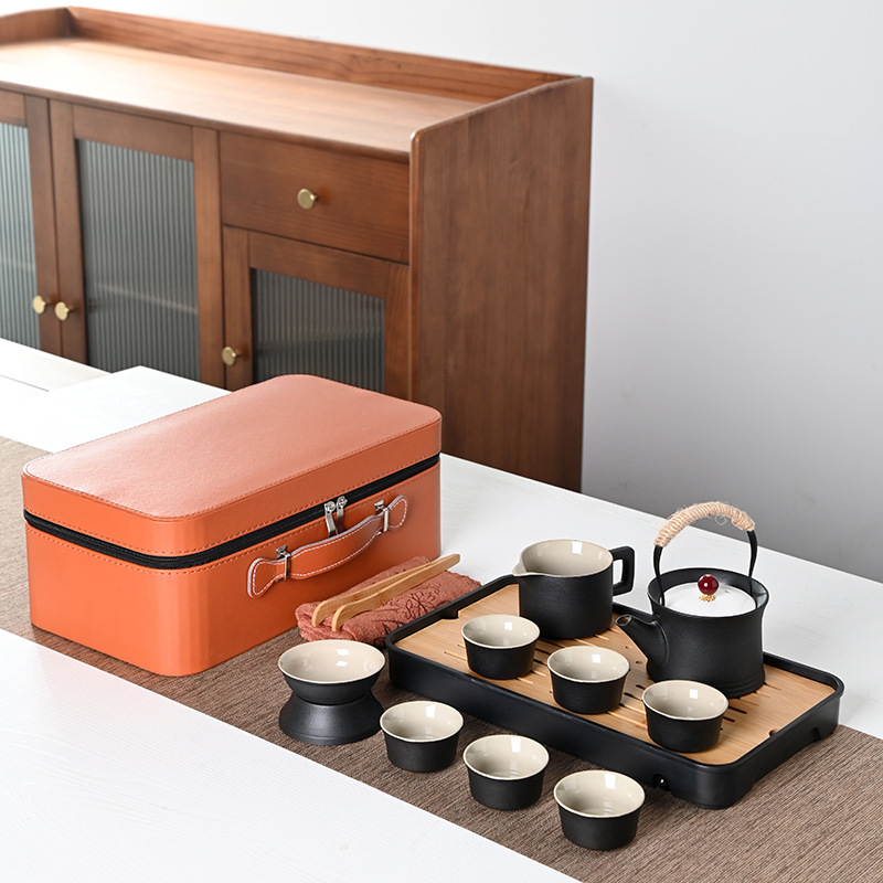 Set Gongfu de ceai portabil, stil japonez, ceramică neagră, design minimalist pentru uz casnic și în aer liber, set mare cadou
