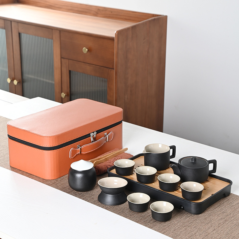 Set Gongfu de ceai portabil, stil japonez, ceramică neagră, design minimalist pentru uz casnic și în aer liber, set mare cadou