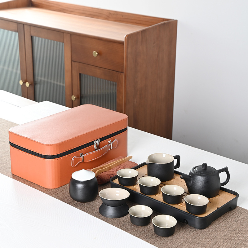 Set Gongfu de ceai portabil, stil japonez, ceramică neagră, design minimalist pentru uz casnic și în aer liber, set mare cadou