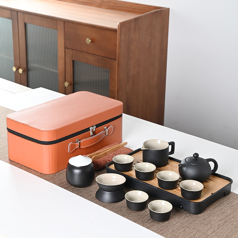 Set Gongfu de ceai portabil, stil japonez, ceramică neagră, design minimalist pentru uz casnic și în aer liber, set mare cadou