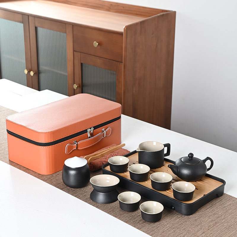 Set Gongfu de ceai portabil, stil japonez, ceramică neagră, design minimalist pentru uz casnic și în aer liber, set mare cadou