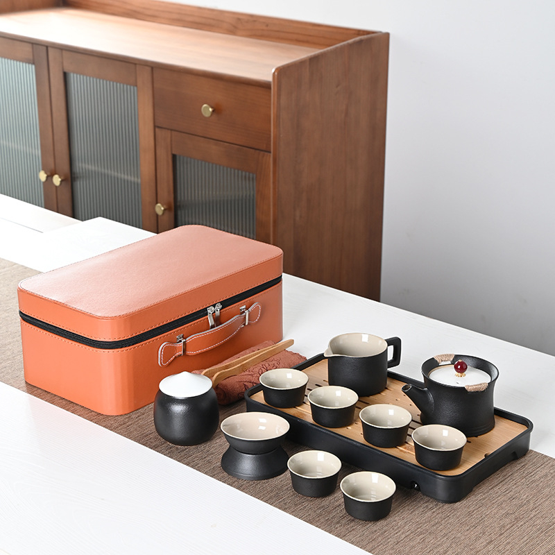 Set Gongfu de ceai portabil, stil japonez, ceramică neagră, design minimalist pentru uz casnic și în aer liber, set mare cadou