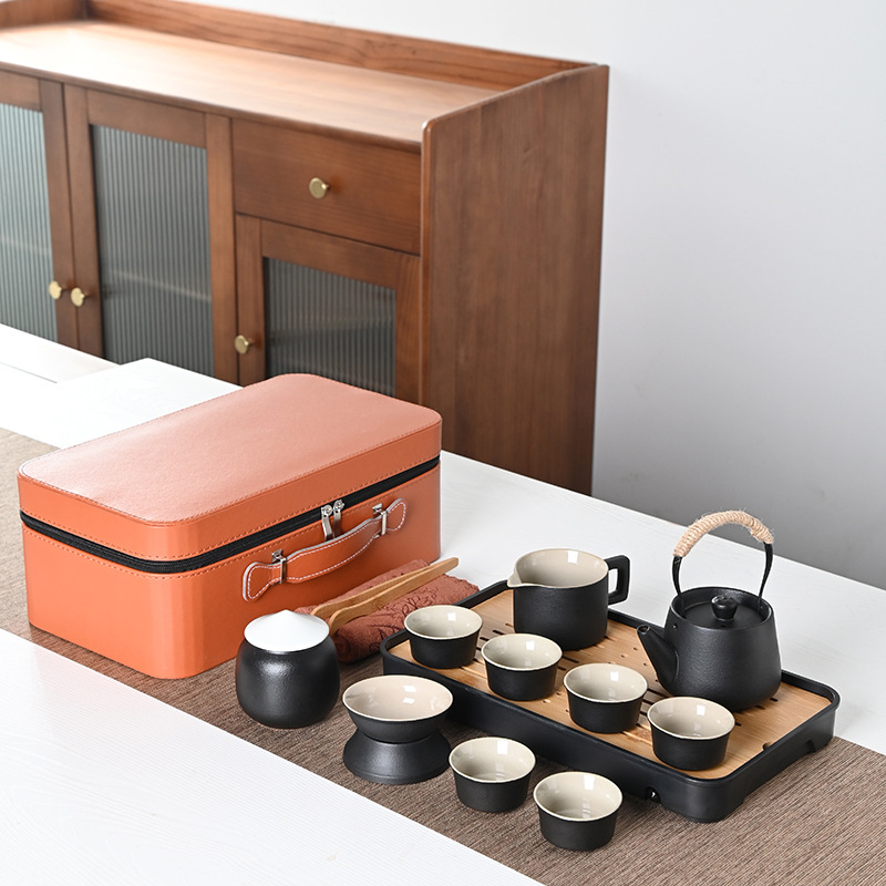 Set Gongfu de ceai portabil, stil japonez, ceramică neagră, design minimalist pentru uz casnic și în aer liber, set mare cadou