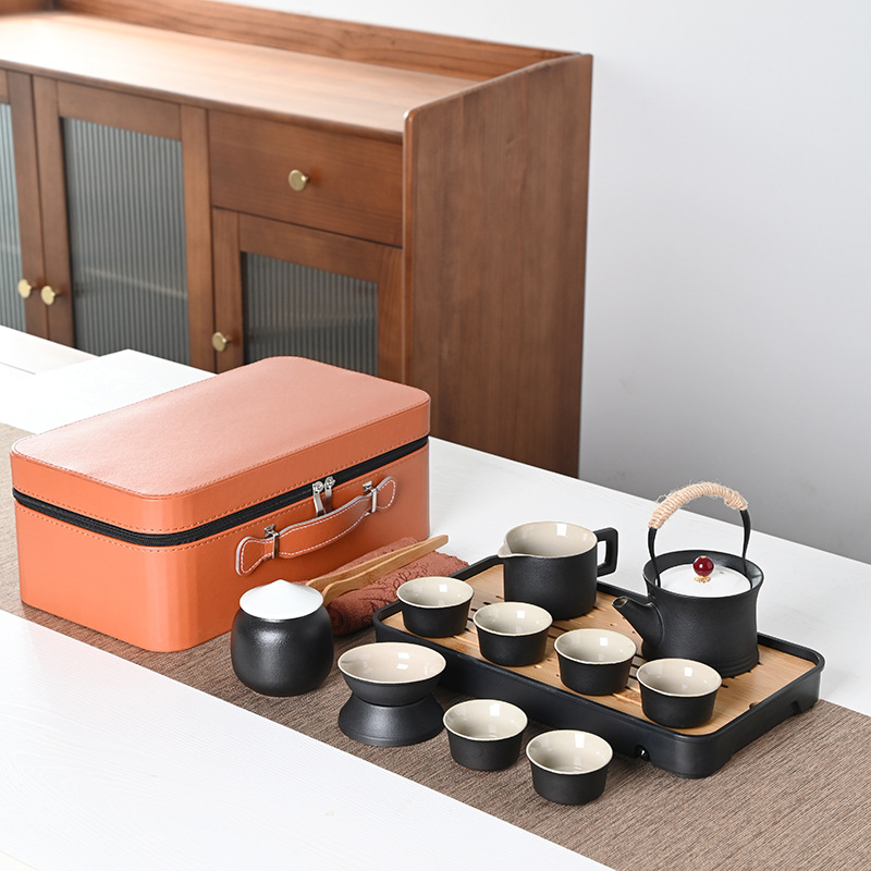 Set Gongfu de ceai portabil, stil japonez, ceramică neagră, design minimalist pentru uz casnic și în aer liber, set mare cadou