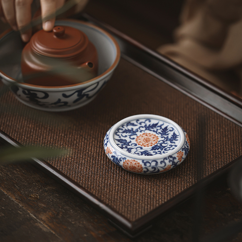 Suport ceramic pentru capac de ceainic, albastru și alb, accesoriu decorativ vintage lucrat manual pentru ceremonia ceaiului acasă