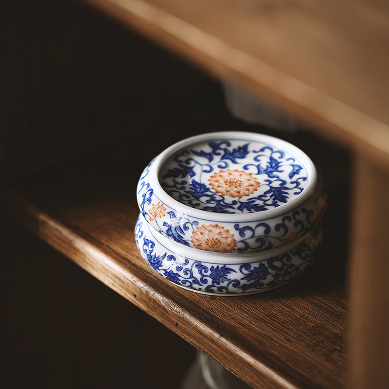 Suport ceramic pentru capac de ceainic, albastru și alb, accesoriu decorativ vintage lucrat manual pentru ceremonia ceaiului acasă