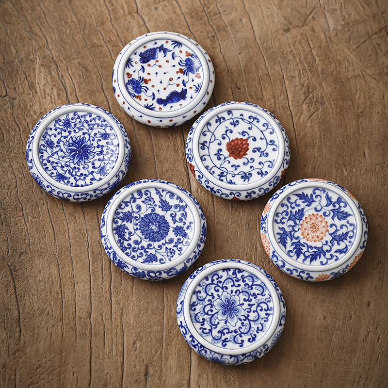 Suport ceramic pentru capac de ceainic, albastru și alb, accesoriu decorativ vintage lucrat manual pentru ceremonia ceaiului acasă