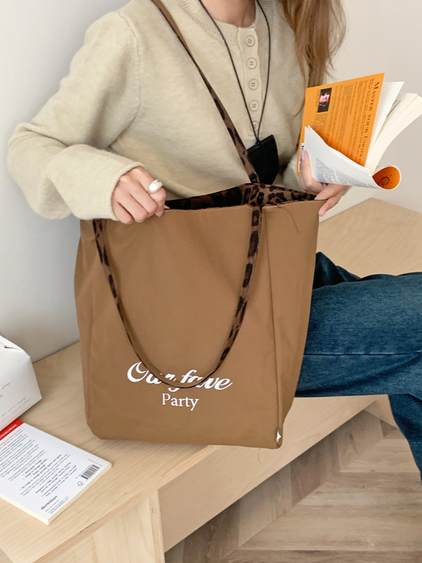 Ženska tote torba s leopard printom, plišasta tekstura na platnu, velika kapaciteta, dvostruke ručke, svakodnevna torba