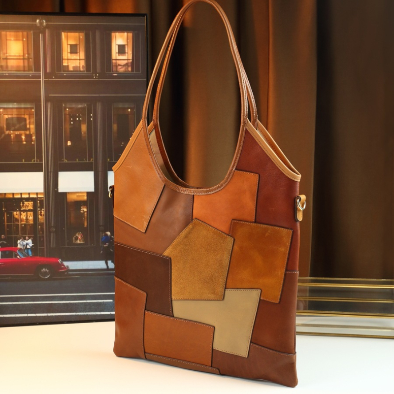 Jesen–zimska nova retro patchwork Maillard serija ženska torba, ručna ili pod pazuhom, velika kapaciteta, kvadratičnog oblika, od prave kože