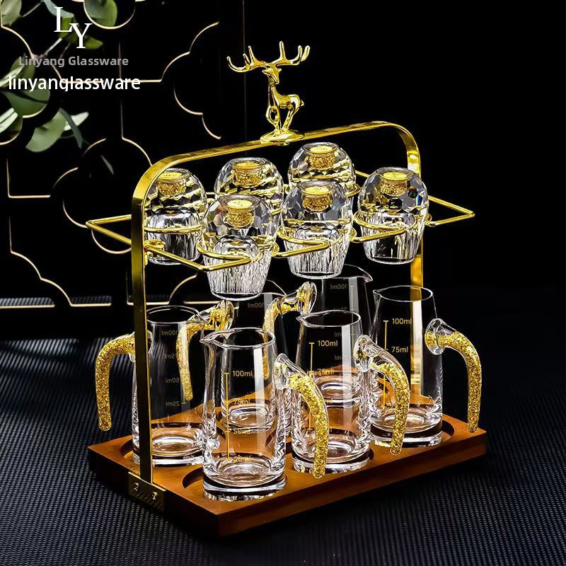Set de pahare Baijiu din cristal cu folie aurie, fațetat, cu suport și pahare de măsură pentru dispenser