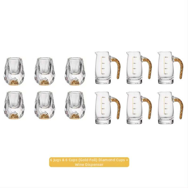 Set de pahare Baijiu din cristal cu folie aurie, fațetat, cu suport și pahare de măsură pentru dispenser