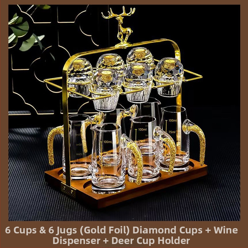 Set de pahare Baijiu din cristal cu folie aurie, fațetat, cu suport și pahare de măsură pentru dispenser