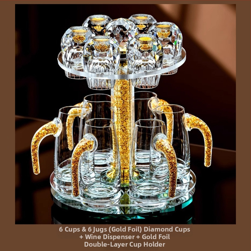 Set de pahare Baijiu din cristal cu folie aurie, fațetat, cu suport și pahare de măsură pentru dispenser