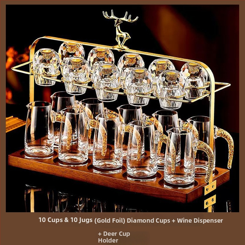 Set de pahare Baijiu din cristal cu folie aurie, fațetat, cu suport și pahare de măsură pentru dispenser