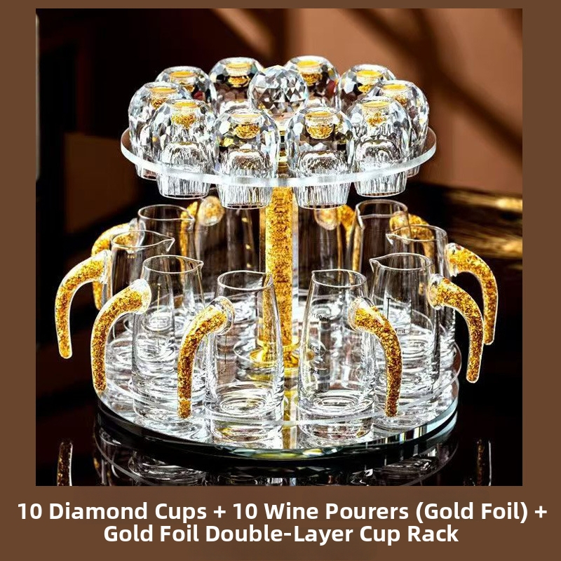 Set de pahare Baijiu din cristal cu folie aurie, fațetat, cu suport și pahare de măsură pentru dispenser