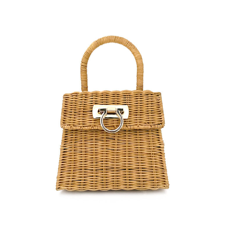 Ručne pletena ženska torba od slame, vintage rattan, kvadratnog oblika s dizajnom potkove