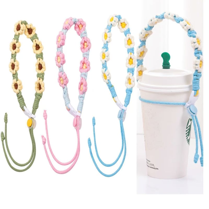 Suport portabil pentru ceașcă tricotat, cu mâner și curea; protecție împotriva arsurilor; pentru cești de cafea și ceai cu lapte; poate fi purtat crossbody; spațiu de depozitare compact pentru sticle de apă.