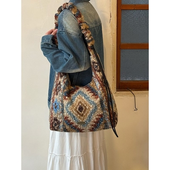 Plišana tote torba s retro geometrijskim uzorkom za žene, jesen-zima, velika kapaciteta, etnički stil, za rameno ili crossbody