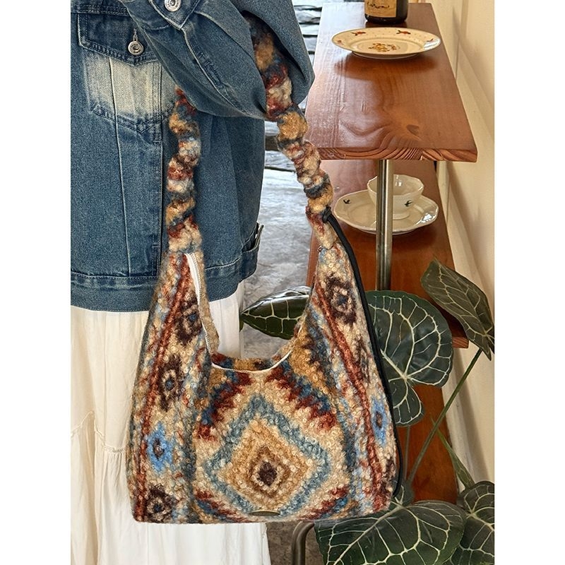 Plišana tote torba s retro geometrijskim uzorkom za žene, jesen-zima, velika kapaciteta, etnički stil, za rameno ili crossbody