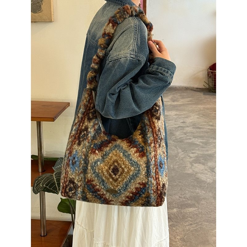 Plišana tote torba s retro geometrijskim uzorkom za žene, jesen-zima, velika kapaciteta, etnički stil, za rameno ili crossbody