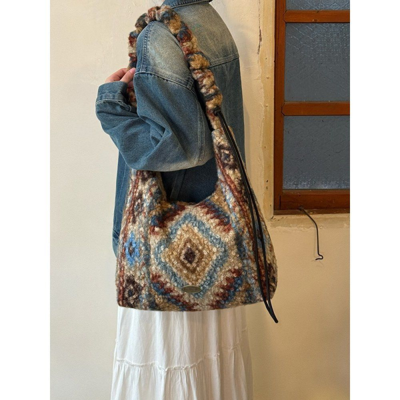 Plišana tote torba s retro geometrijskim uzorkom za žene, jesen-zima, velika kapaciteta, etnički stil, za rameno ili crossbody