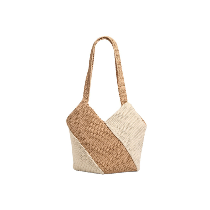 Ručna pletena torbica na jedno rame od pamuk-linen smjese, prostrana, s patchwork pomponima