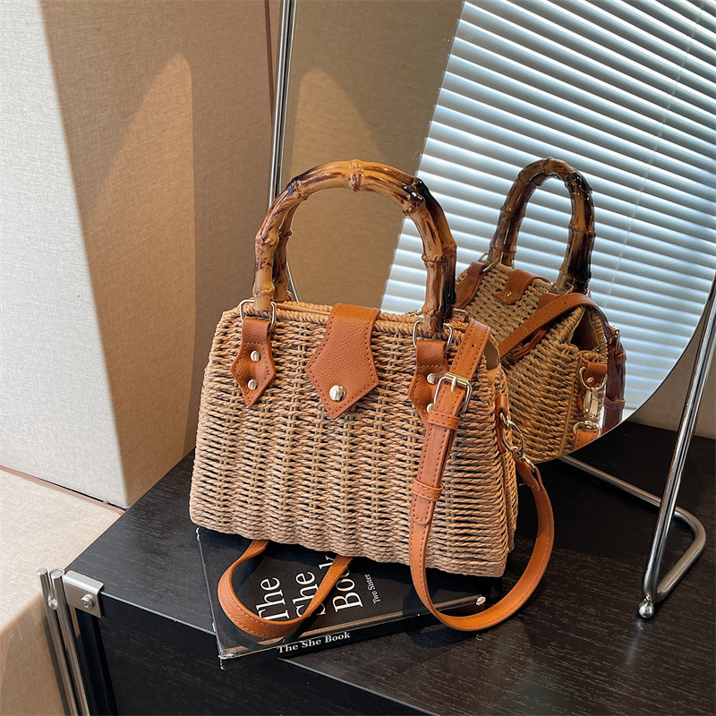 Visokokvalitetna ručno pletena torba od slame, mala kvadratna crossbody torba s dvostrukim remenom, svakodnevna ženska torba