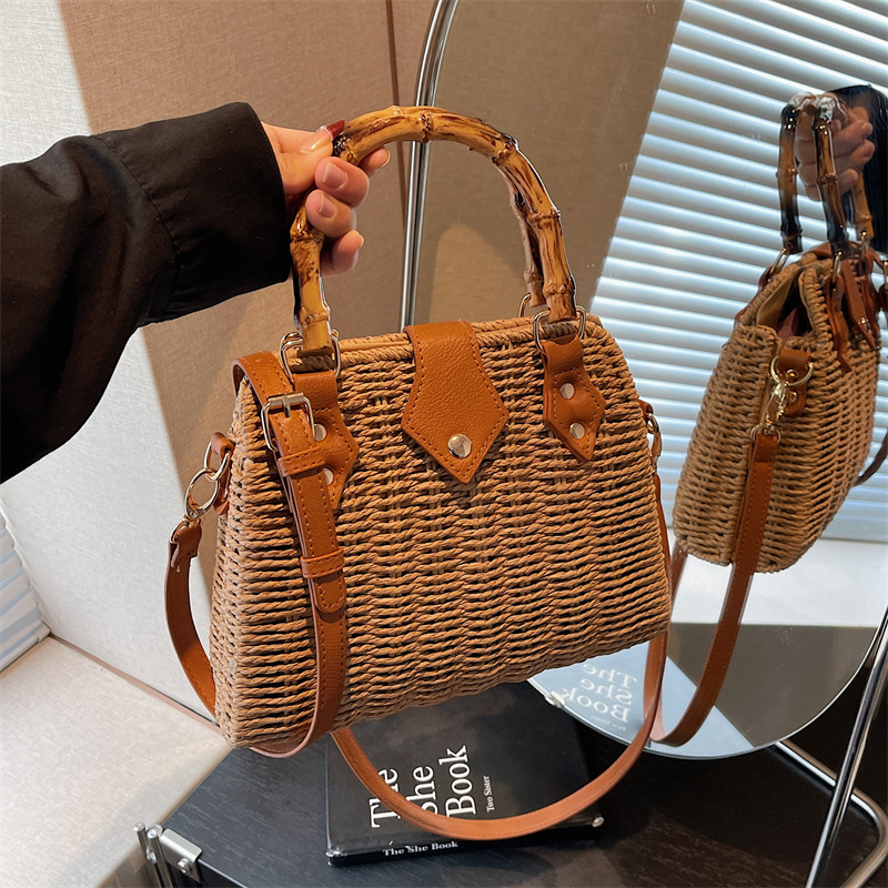 Visokokvalitetna ručno pletena torba od slame, mala kvadratna crossbody torba s dvostrukim remenom, svakodnevna ženska torba