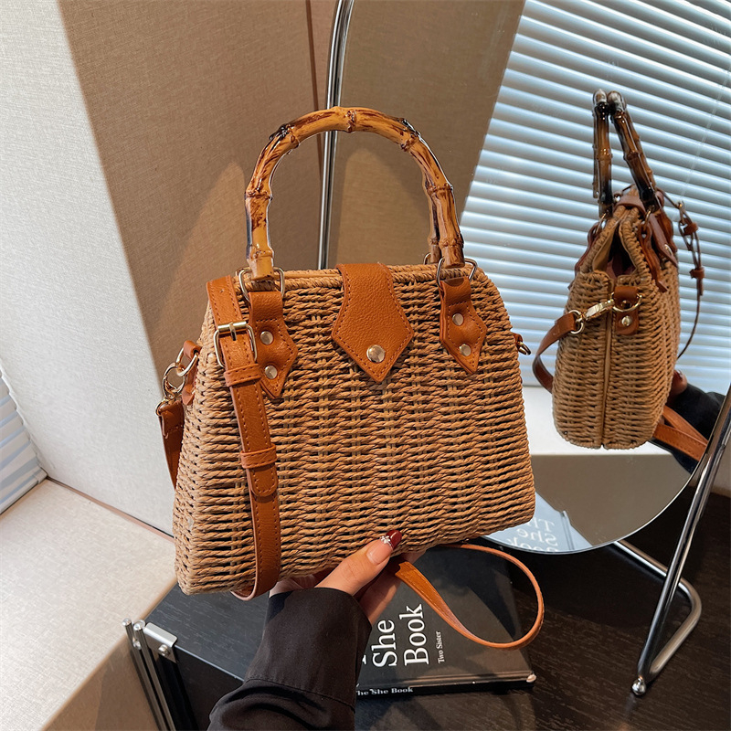 Visokokvalitetna ručno pletena torba od slame, mala kvadratna crossbody torba s dvostrukim remenom, svakodnevna ženska torba