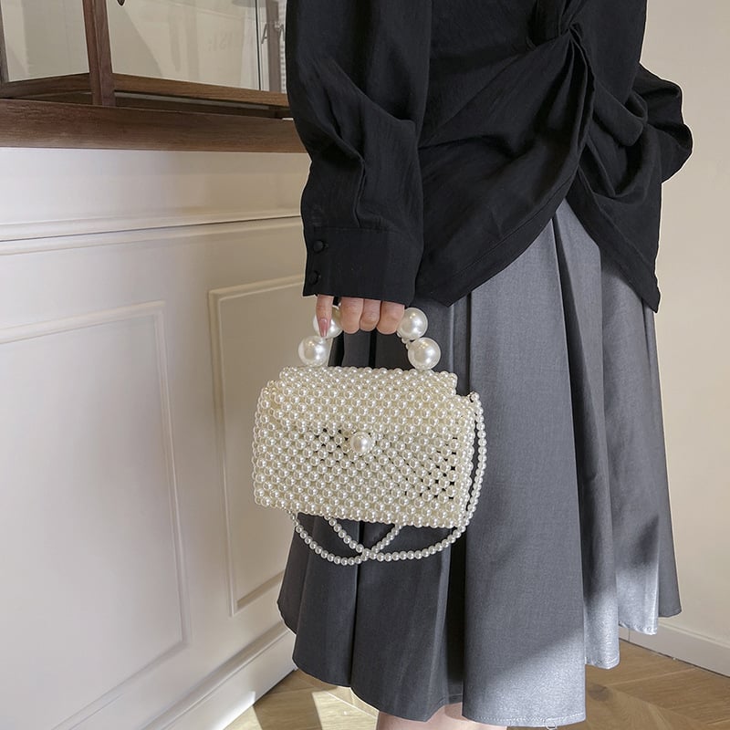 2025 Ručno pletena ženska torbica za rame, crossbody torba, luksuzna torba s perlama, mini četvrtasta torba