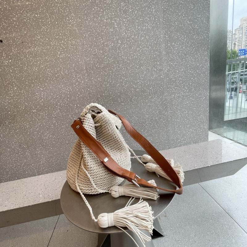 Ženska torba od voskanog užeta s resicama, pletena, torba tipa kanta, zatvaranje špagom, za ručno nošenje, na ramenu ili crossbody