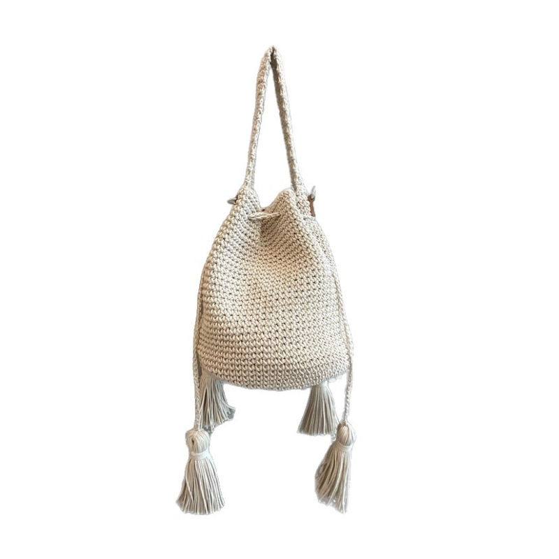 Ženska torba od voskanog užeta s resicama, pletena, torba tipa kanta, zatvaranje špagom, za ručno nošenje, na ramenu ili crossbody