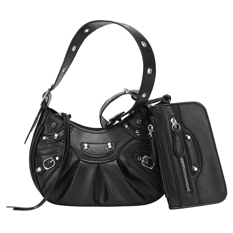 Ženska PU crossbody torba, plisirana polumjesečna forma, retro s zakovicama