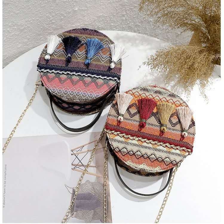 Ženska kružna pletena torbica s resicama, preko ramena, Harajuku/Korejski stil